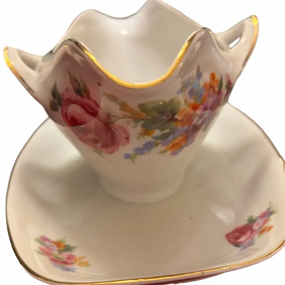 HJ Co Bavaria Germany  Floral Gravy Boat with attached Saucer
